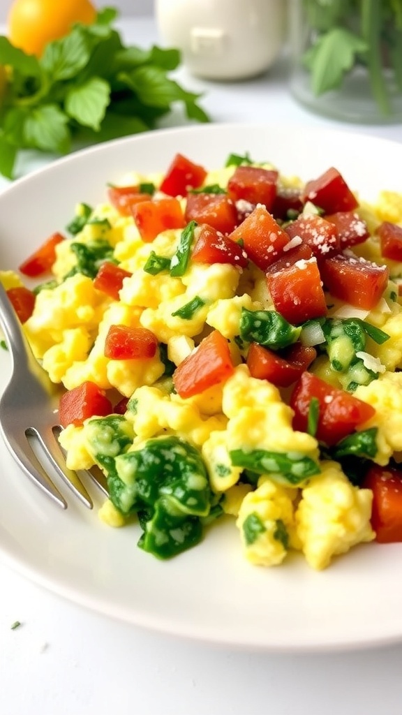 A plate of zero carb breakfast scramble with eggs, bacon, and spinach, garnished with cheese and herbs.